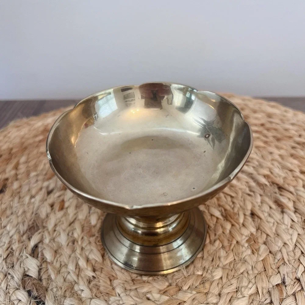 Solid Brass Pedestal Bowl Compote – Wide Shallow Dish on Turned Base 3 7/8